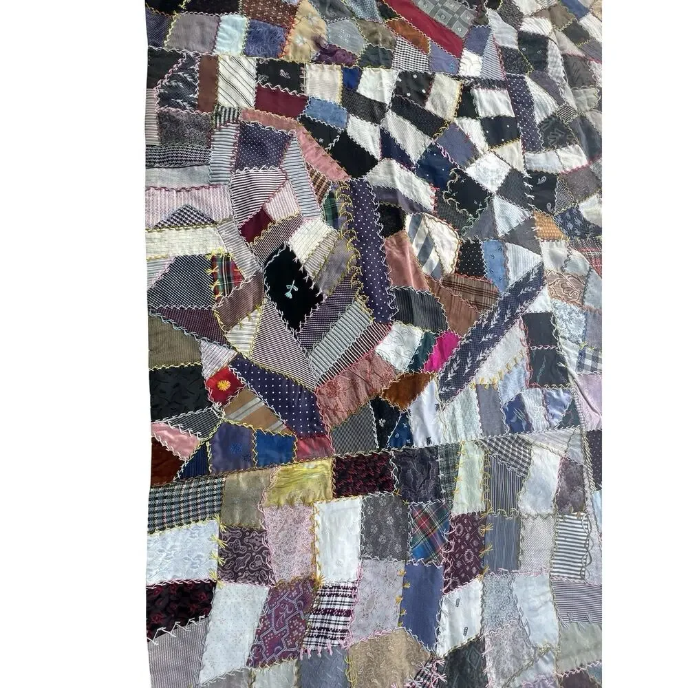 Antique 1933 Crazy quilt Detailed Stitching 62